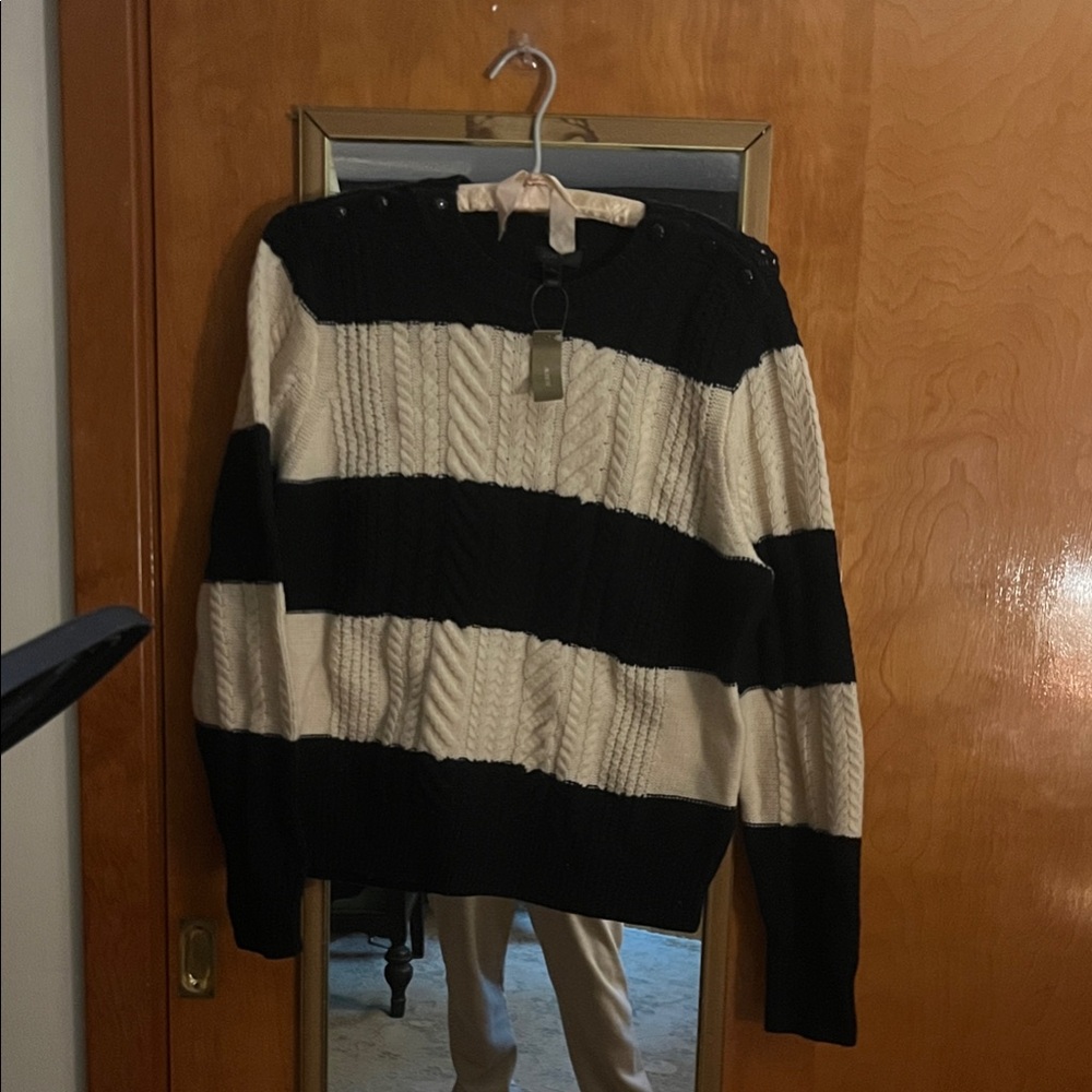 J. Crew Black and Cream Striped Cable-Knit Sweater with buttons on shoulders
